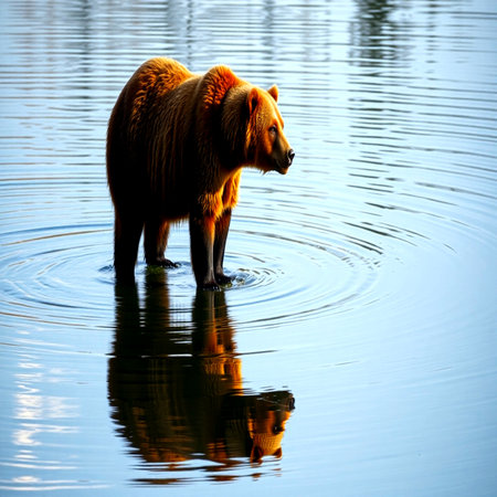 Brown bear in the water. Reflection of a bear in the water.の写真素材