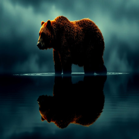 Brown bear on a dark background with reflection in water. Collage.の写真素材