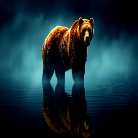 brown bear in the dark with reflection in water. 3d renderの写真素材