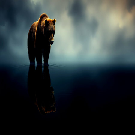 Brown bear in water on dark sky background. 3d render.の写真素材