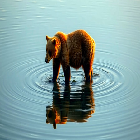 Brown bear in the water at sunset. Kamchatka, Russiaの写真素材