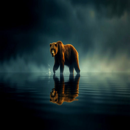 Big brown bear in dark water with reflection. Wildlife scene. 3D renderingの写真素材