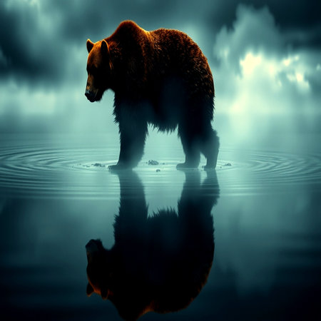 Brown bear stands on the water and looks at the camera. 3d renderの写真素材