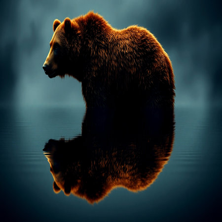 Brown bear on a dark background reflected in water. 3d renderの写真素材