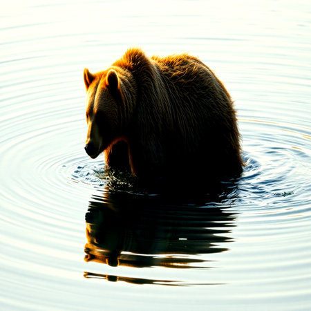 Grizzly bear swimming in the lake at sunset. Ursus arctosの写真素材