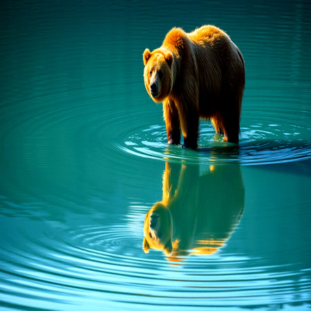 Grizzly bear swimming in the water. Reflection in the water.の写真素材