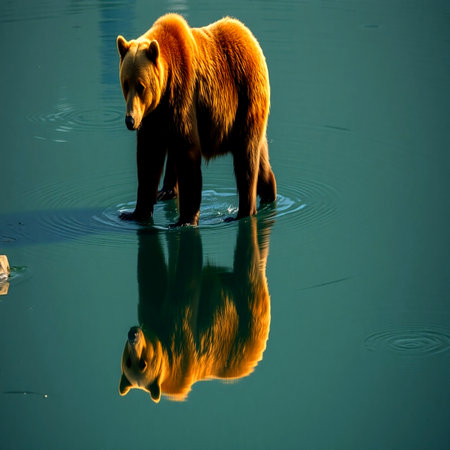 Grizzly bear in the water with reflection in the lakeの写真素材