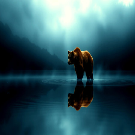 brown bear on the lake in the fog. 3d render.の写真素材