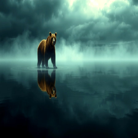 brown bear on a background of the dark sky reflected in the waterの写真素材