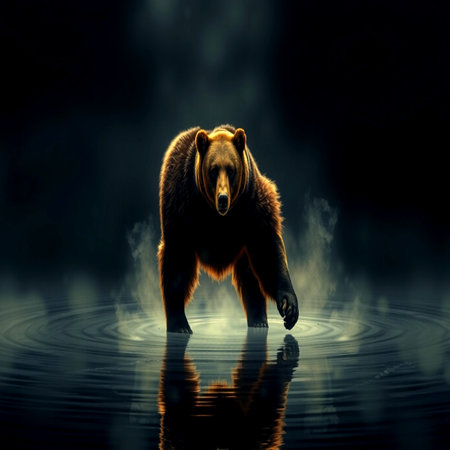 Grizzly bear on dark background with reflection in water.の写真素材
