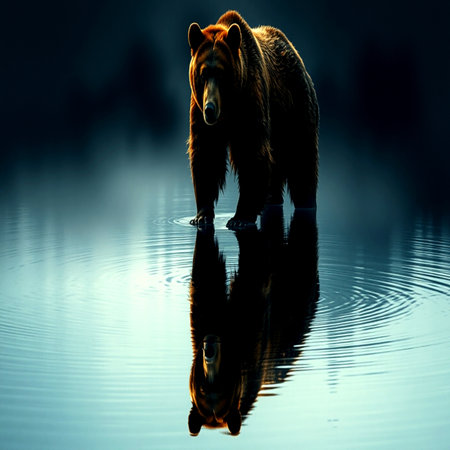Brown bear in the dark with reflection in water. Wildlife scene.の写真素材