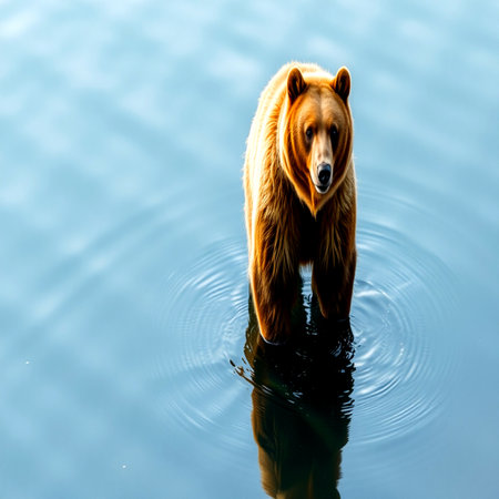 brown bear swimming in the water of a lake in the summer.の写真素材
