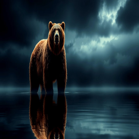brown bear on the lake in the dark stormy sky. 3d renderの写真素材