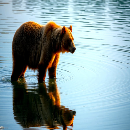 Grizzly bear on the shore of a lake in summerの写真素材