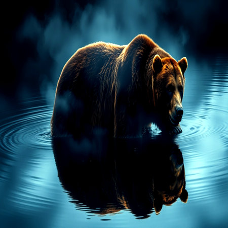 Brown bear on a dark background with reflection in water. 3d renderの写真素材