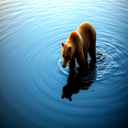 Brown bear swimming in the lake with reflection of the bear on the waterの写真素材