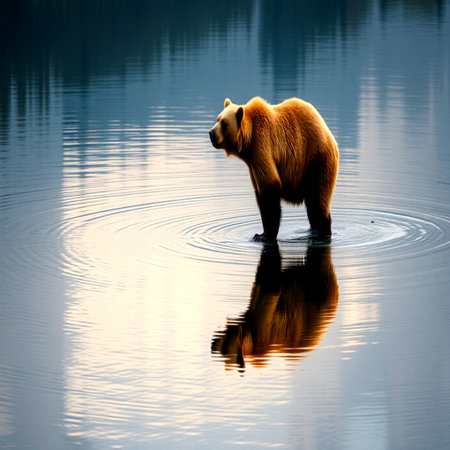 Grizzly bear in the water. Reflection in water.の写真素材