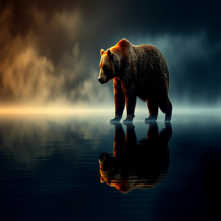 Brown bear on the background of the night sky and the water.の写真素材