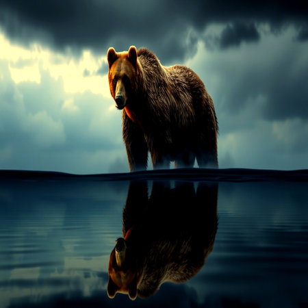 Brown bear on the background of the stormy sky. 3D renderingの写真素材