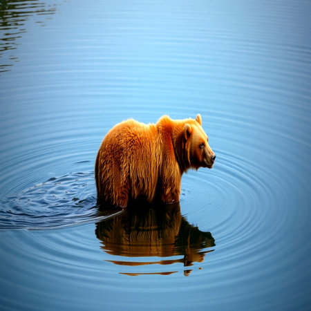 Brown bear swimming in the water. Kamchatka, Russia.の写真素材