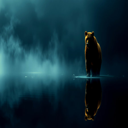 Brown bear on the lake in the fog. 3d rendering.の写真素材