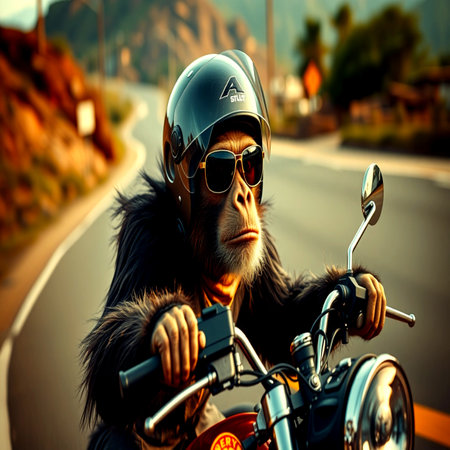 Monkey on a motorcycle on the roadの写真素材