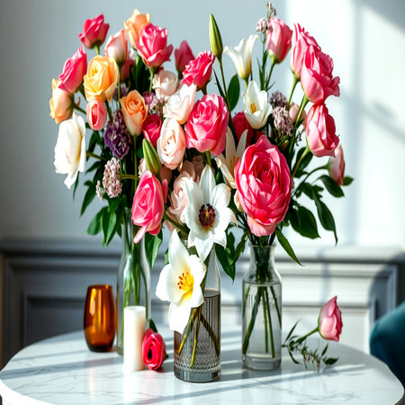 Beautiful bouquet of different flowers in vase on table indoorsの写真素材