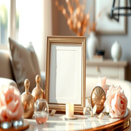 Photo frame mockup on the table in living room. 3d renderingの写真素材