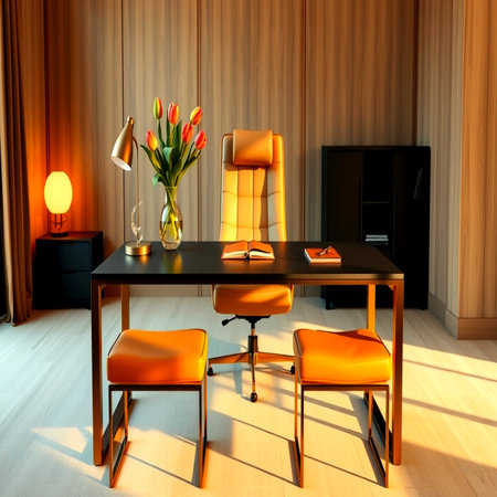 Interior of modern living room with wooden table and chairs. 3D renderの写真素材