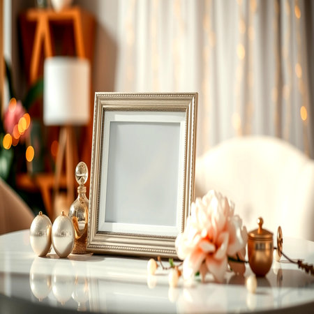 Vintage photo frame on white table in room. Space for text