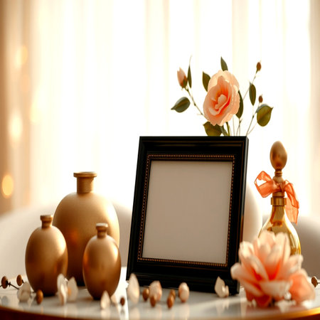 Photo frame, perfume bottles and flowers on a table in living roomの写真素材