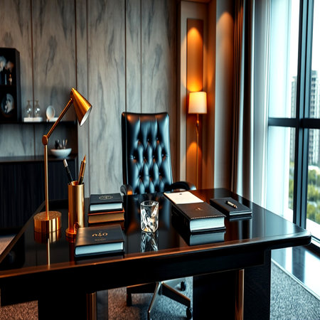 Luxury hotel room interior with black leather armchair, books, table lamp.の写真素材