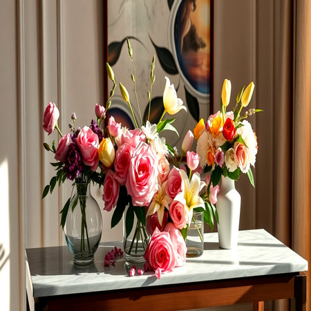 Bouquet of flowers in vase on the table in the room