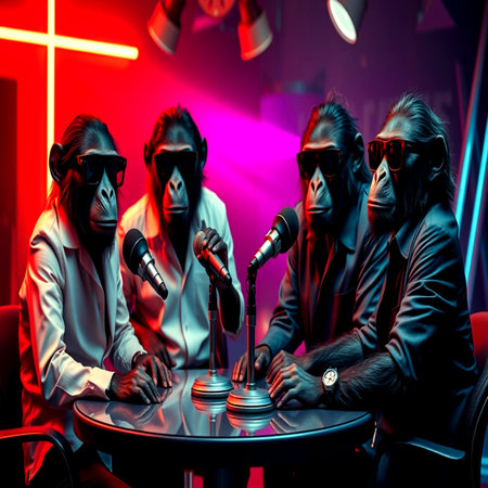 Group of monkeys sitting around a table with microphones in a nightclub with neon light.の写真素材