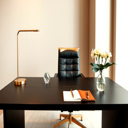 Luxury modern office interior with black desk and chair. 3d renderの写真素材