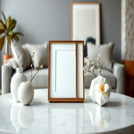 Modern interior with photo frame and flower on table. Mockup for designの写真素材