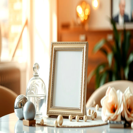 Empty picture frame on table in interior of room. Mockup for designの写真素材