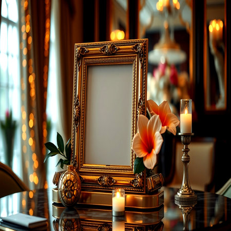 Vintage photo frame on the table in the interior of the restaurant