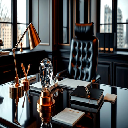 Luxury office interior with black leather armchair, books and table lamp. 3D Renderingの写真素材
