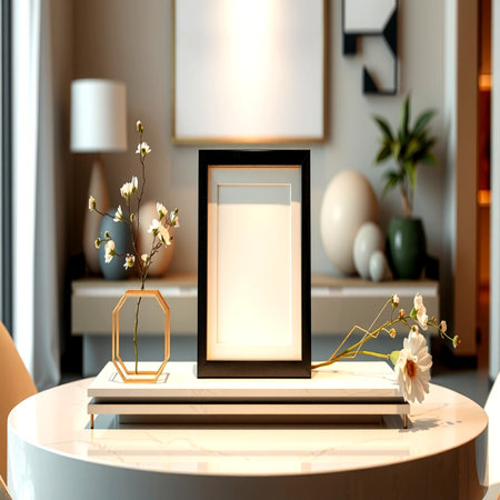 Mock up frame on table in modern living room with flowers, 3d renderの写真素材