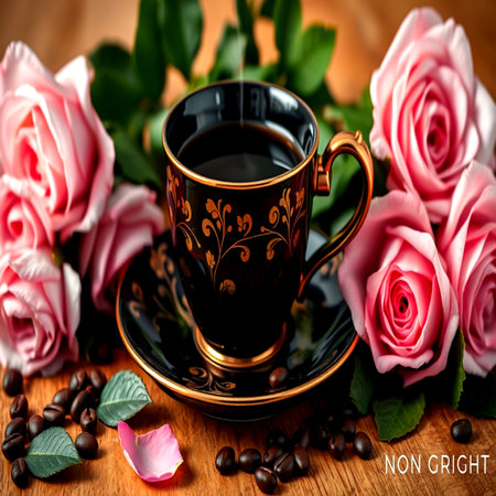 Coffee in a cup on a wooden table with pink roses
