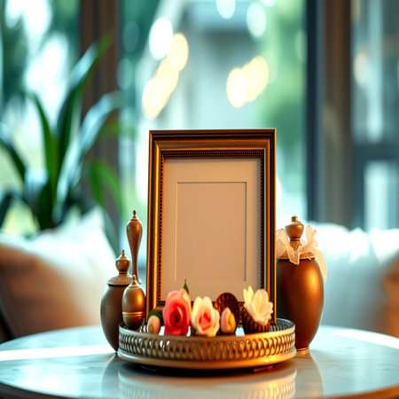Picture frame with flowers on the table in a room with a window