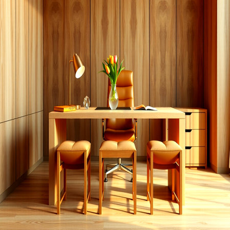 Interior of a modern office with wooden walls, a wooden floor and a table with yellow chairs. 3d renderの写真素材