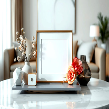 Photo frame on white table in modern living room. 3d rendering