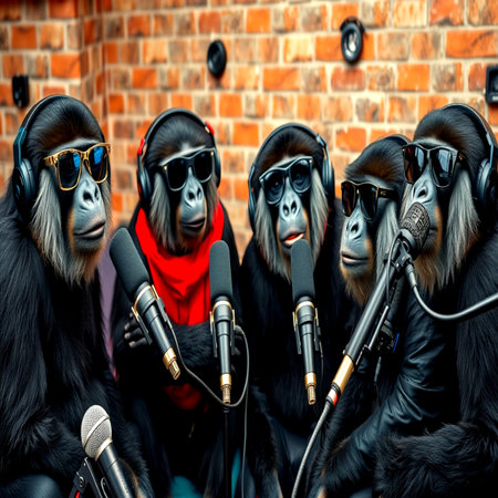 Group of monkeys singing in a recording studio. Music concept.の写真素材