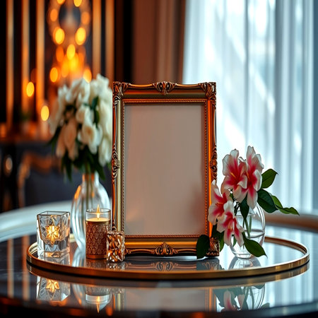 Picture frame on the table in the living room. 3D rendering