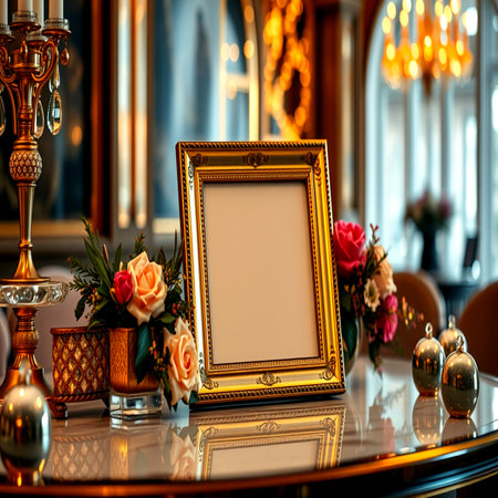 Photo frame on the table in a restaurant. 3d rendering.
