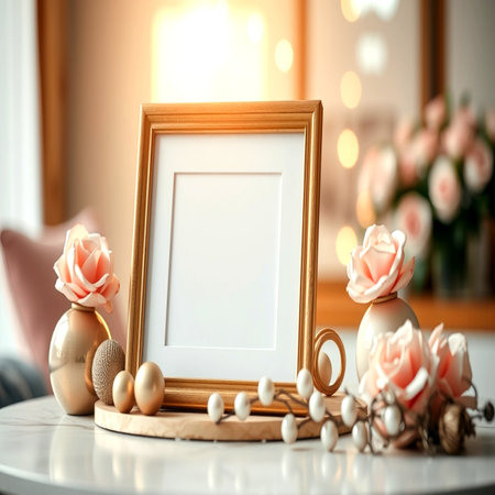 Empty photo frame on table in room decorated with flowers. Mockup for designの写真素材