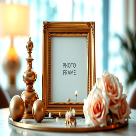 Photo frame mockup with roses on table in living room. 3d renderingの写真素材
