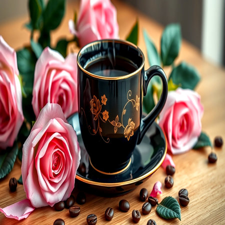 Cup of coffee with pink roses and coffee beans on wooden tableの写真素材